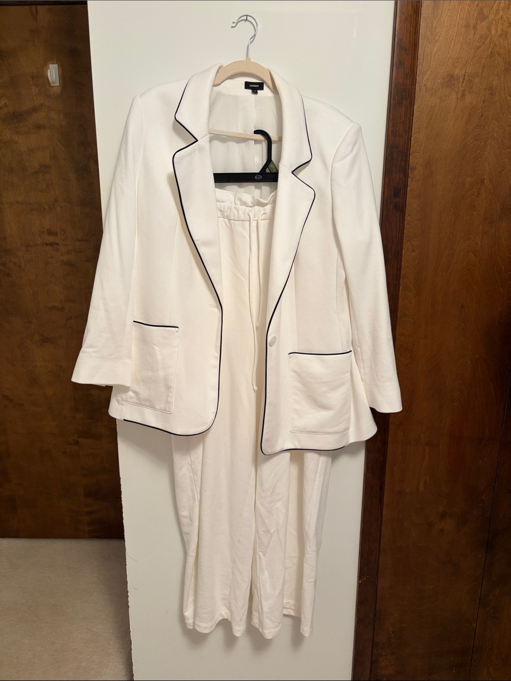 White Blazer with Black Piping - Womens Jacket and Wide Leg Trousers